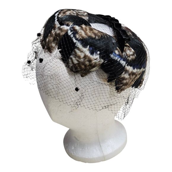 Vintage 50\'s Feather Trimmed Black Pillbox Hat With Polka Dot Veil Whimsigoth main image 7